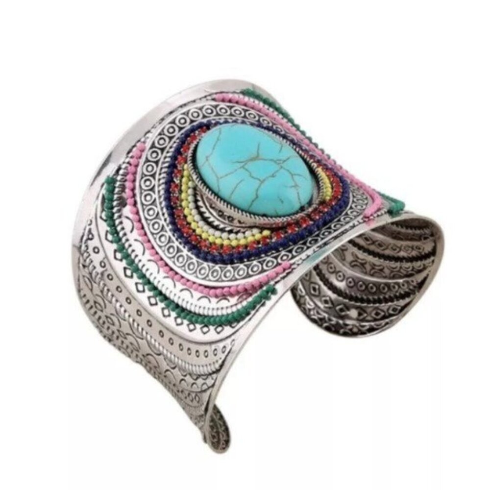 Bohemian Turquoise Blue Bead Silver Cuff Bracelet